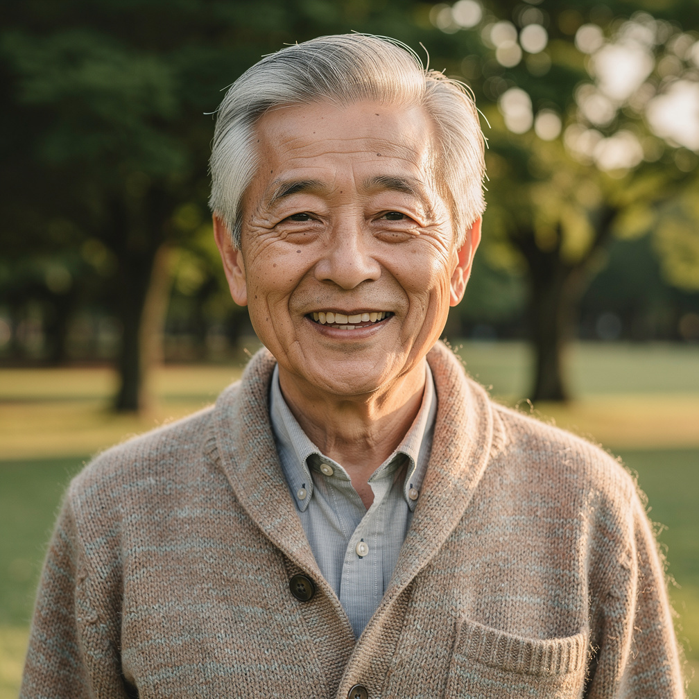 Smiling elderly Japanese man in casual sweater looking at camera