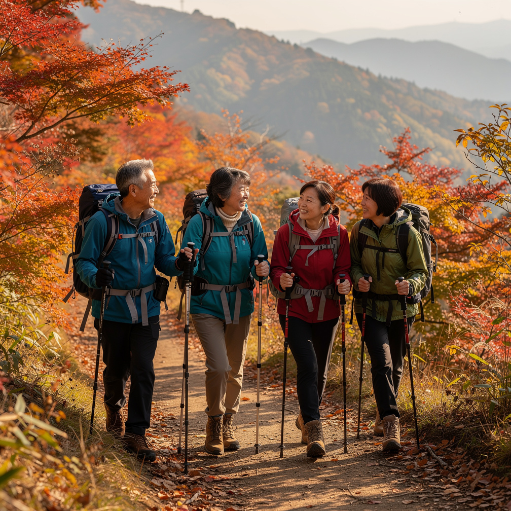 Group of active Japanese seniors hiking on a mountain trail