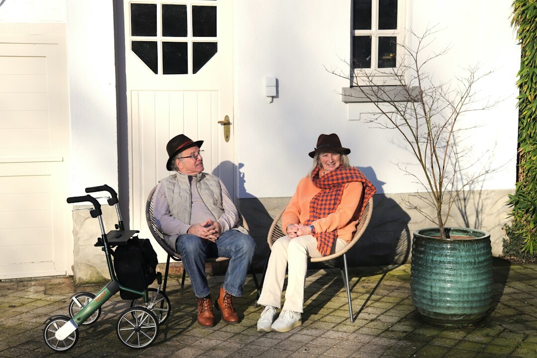 seniors chatting outdoors