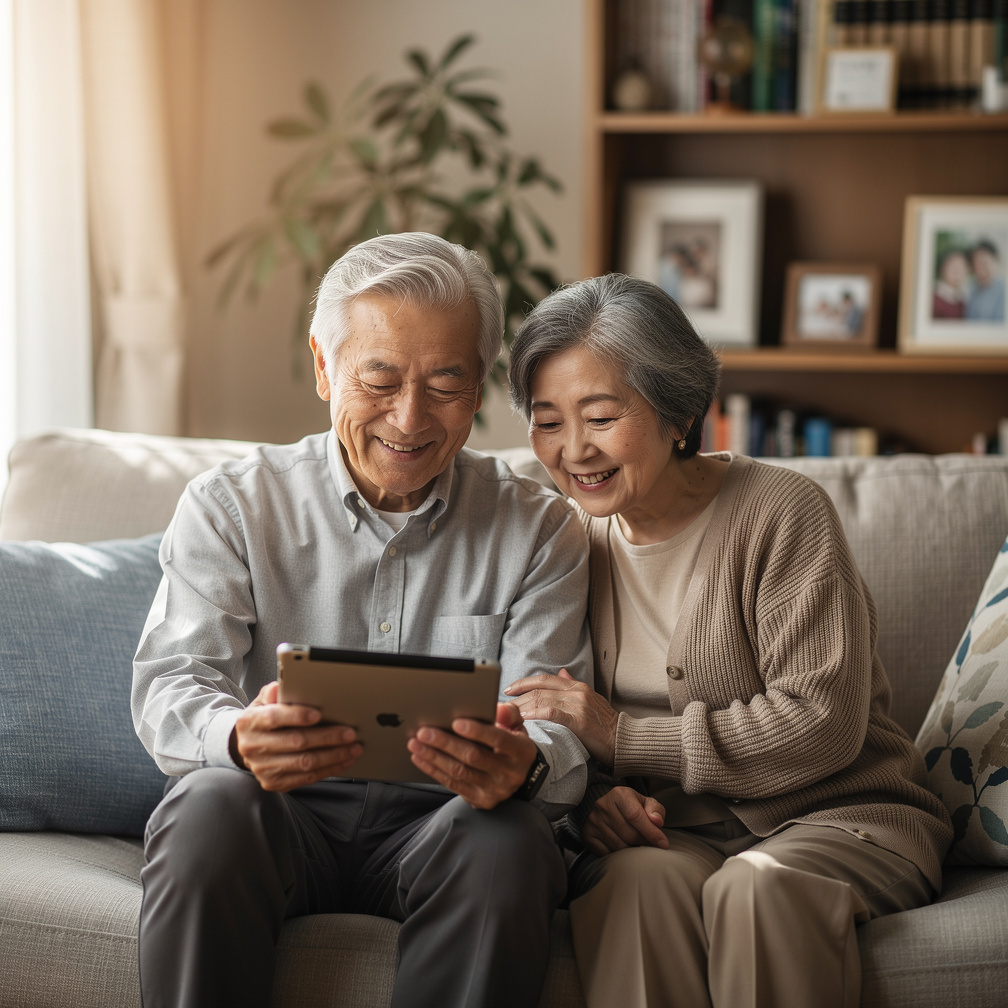 Elderly Japanese couple learning to use a tablet together